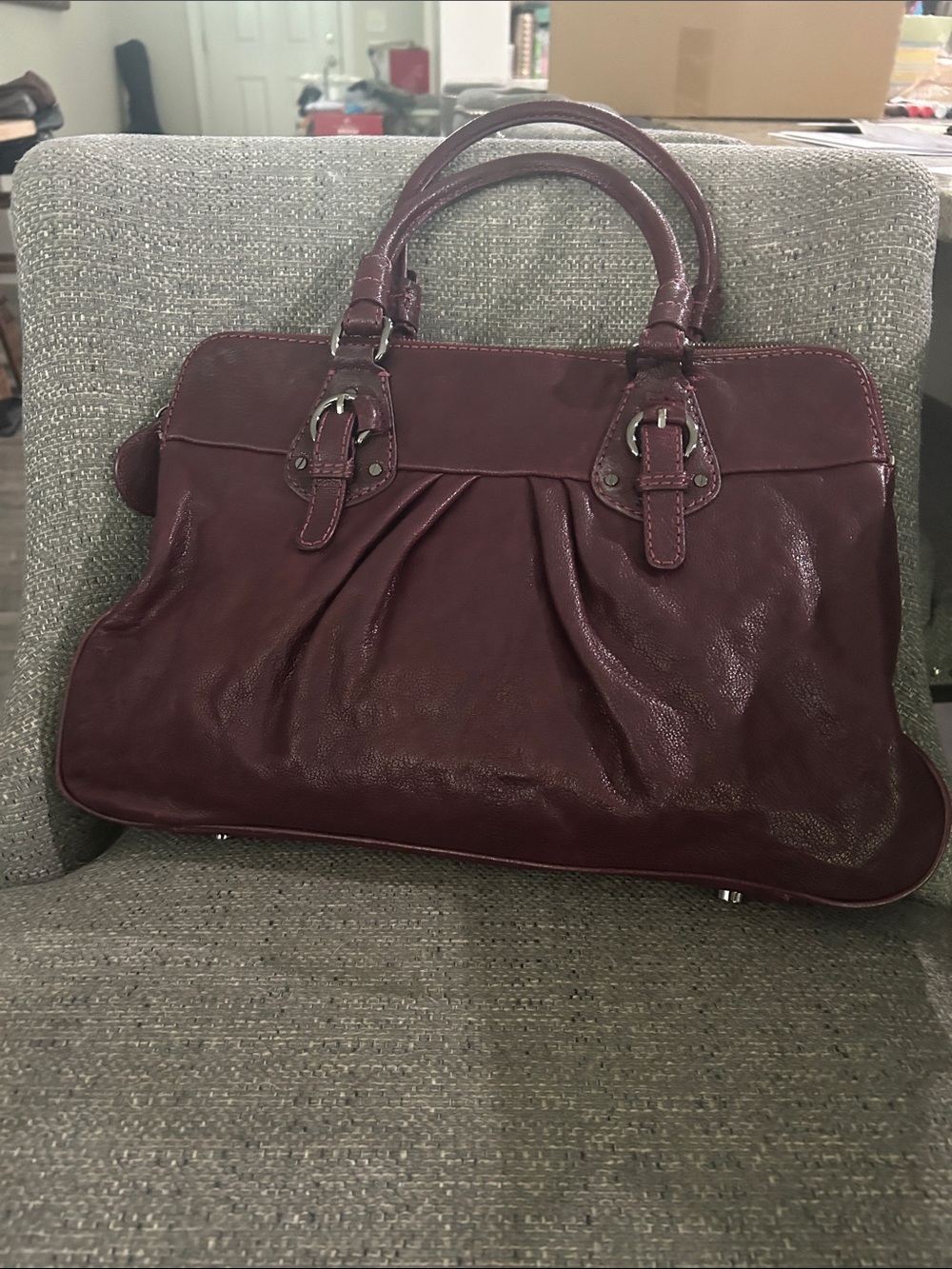 ANTONIO MELANI Brown & Olive Zebra-Print Handbag Interior with Metallic Plate